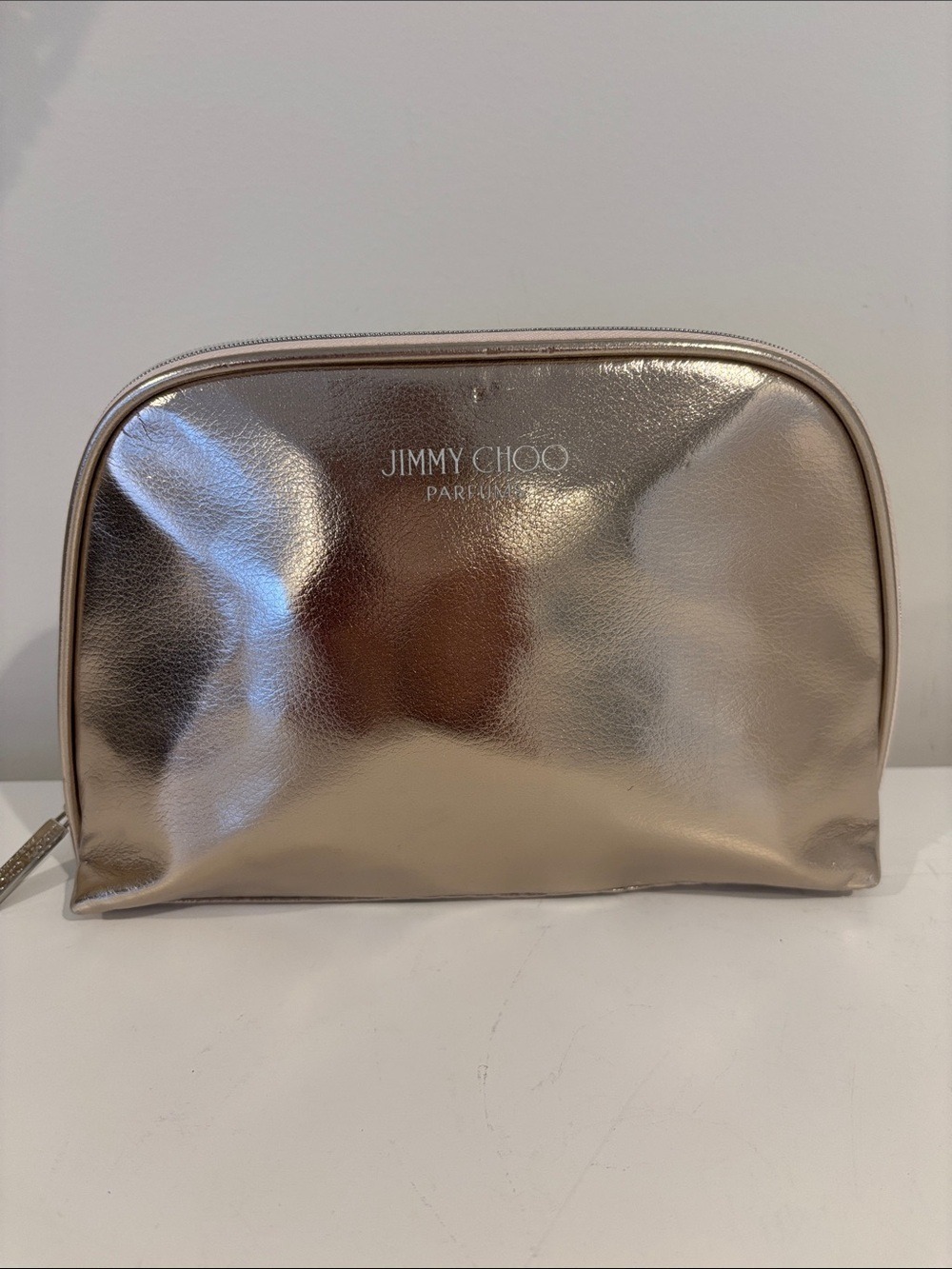 JIMMY CHOO make up bag cosmetic case top zip toiletry bag rose gold travel pouch